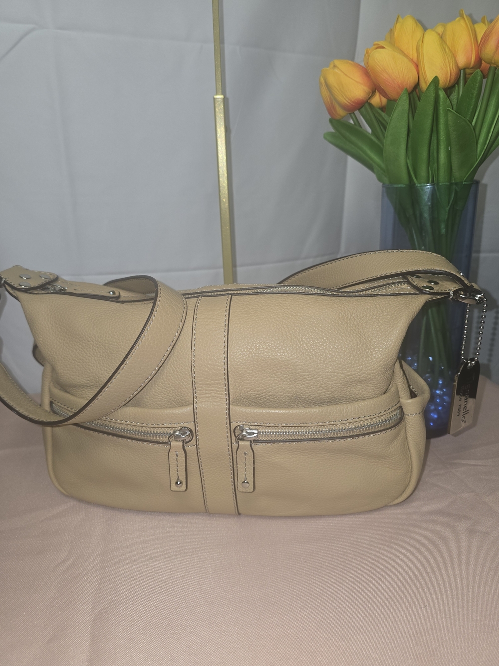 Tignanello Tan Pebbled Leather Multi-Pocket Shoulder Bag Purse